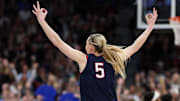 Connecticut Huskies guard Paige Bueckers celebrates a three-point basket against the South Carolina Gamecocks during the second half of the national championship of the women's 2025 NCAA tournament at Amalie Arena. 
