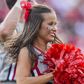 Aug 30, 2025; Athens, Georgia, USA; Georgia Bulldogs cheerleaders during the game against the Marshall Thundering Herd at Sanford Stadium. Mandatory Credit: Dale Zanine-Imagn Images