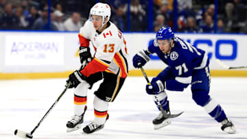 Anthony Cirelli chasing down Johnny Gaudreau
