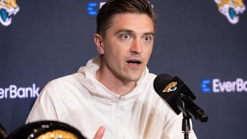 Apr 25, 2025; Jacksonville, FL, USA; Jacksonville Jaguars head general manager James Gladstone talks to the media during a press conference to introduce first round draft pick Travis Hunter (not pictured) at Miller Electric Center. 