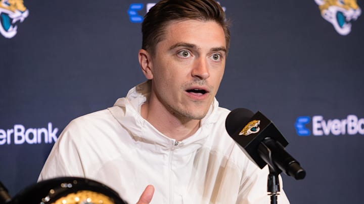 Apr 25, 2025; Jacksonville, FL, USA; Jacksonville Jaguars head general manager James Gladstone talks to the media during a press conference to introduce first round draft pick Travis Hunter (not pictured) at Miller Electric Center. 
