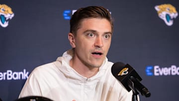 Apr 25, 2025; Jacksonville, FL, USA; Jacksonville Jaguars head general manager James Gladstone talks to the media during a press conference to introduce first round draft pick Travis Hunter (not pictured) at Miller Electric Center. 