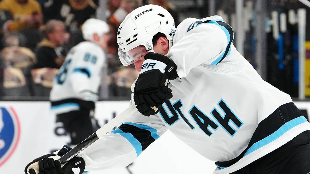 Apr 19, 2026; Las Vegas, Nevada, USA; Utah Mammoth defenseman Sean Durzi (50) warms up before the start of game one of the first round of the 2026 Stanley Cup Playoffs against the Vegas Golden Knights at T-Mobile Arena. Mandatory Credit: Stephen R. Sylvanie-Imagn Images