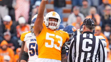 Nov 23, 2024; Knoxville, Tennessee, USA; Tennessee Volunteers defensive lineman Daevin Hobbs (53) celebrates after a sack against the UTEP Miners during the first half at Neyland Stadium. Mandatory Credit: Angelina Alcantar/USA TODAY Network via Imagn Images