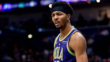 Feb 12, 2025; New Orleans, Louisiana, USA;  New Orleans Pelicans guard Trey Murphy III (25) looks on against the Sacramento Kings during the second half at Smoothie King Center. Mandatory Credit: Stephen Lew-Imagn Images