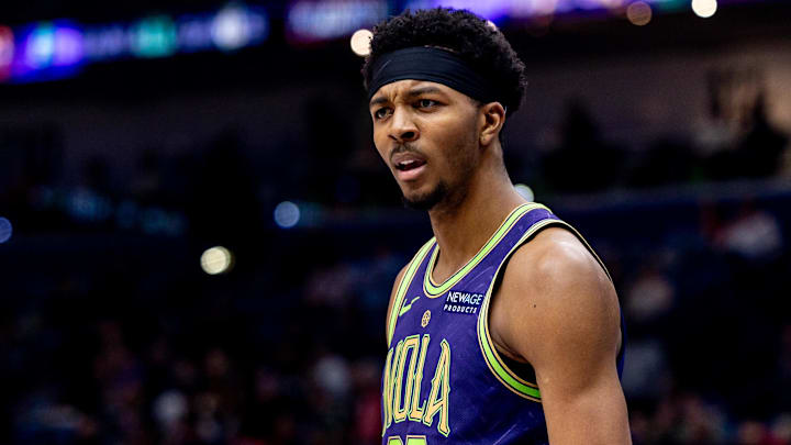Feb 12, 2025; New Orleans, Louisiana, USA;  New Orleans Pelicans guard Trey Murphy III (25) looks on against the Sacramento Kings during the second half at Smoothie King Center. Mandatory Credit: Stephen Lew-Imagn Images