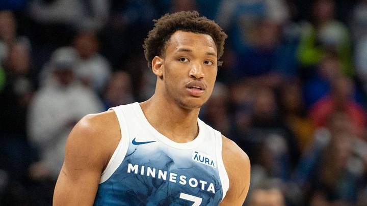 Apr 9, 2024; Minneapolis, Minnesota, USA; Minnesota Timberwolves guard Wendell Moore Jr. (7) during a break against the Washington Wizards in the fourth quarter at Target Center. Mandatory Credit: Matt Blewett-Imagn Images