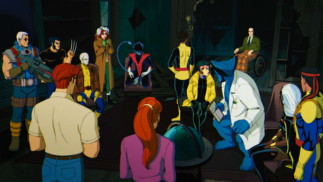 (L-R): Cable (voiced by Chris Potter), Wolverine (voiced by Cal Dodd), Cyclops (voiced by Ray Chase), Morph (voiced by JP Karliak), Rogue (voiced by Lenore Zann), Nightcrawler (voiced by Adrian Hough), Jean Grey (voiced by Jennifer Hale), Roberto Da Costa (voiced by Gui Agustini), Jubilee (voiced by Holly Chou), Beast (voiced by George Buza), Professor X (voiced by Ross Marquand), Storm (voiced by Alison Sealy-Smith) and Forge (voiced by Gil Birmingham) in Marvel Animation's X-MEN '97. Photo (L-R): Cable (voiced by Chris Potter), Wolverine (voiced by Cal Dodd), Cyclops (voiced by Ray Chase), Morph (voiced by JP Karliak), Rogue (voiced by Lenore Zann), Nightcrawler (voiced by Adrian Hough), Jean Grey (voiced by Jennifer Hale), Roberto Da Costa (voiced by Gui Agustini), Jubilee (voiced by Holly Chou), Beast (voiced by George Buza), Professor X (voiced by Ross Marquand), Storm (voiced by Alison Sealy-Smith) and Forge (voiced by Gil Birmingham) in Marvel Animation's X-MEN '97. Photo