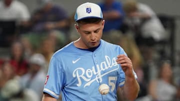 Jun 18, 2025; Arlington, Texas, USA; Kansas City Royals pitcher Kris Bubic (50) reacts after walking a batter during the sixth inning against the Texas Rangers at Globe Life Field. Mandatory Credit: Raymond Carlin III-Imagn Images