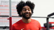 Ohio State Buckeyes defensive end JT Tuimoloau reacts to his high jump during the pro day for NFL scouts at the Woody Hayes Athletic Cente on March 26, 2025.