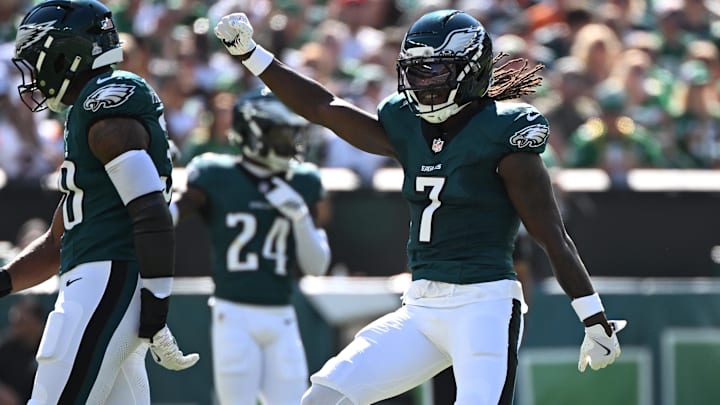 Oct 5, 2025; Philadelphia, Pennsylvania, USA; Philadelphia Eagles cornerback Kelee Ringo (7) reacts in the first quarter against the Denver Broncos at Lincoln Financial Field.