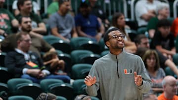Nov 23, 2025; Coral Gables, Florida, USA; Miami Hurricanes head coach Jai Lucas reacts from the sideline against the Delaware State Hornets during the second half at Watsco Center. Mandatory Credit: Sam Navarro-Imagn Images