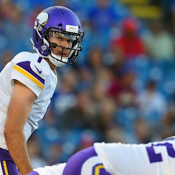 Aug 29, 2019; Orchard Park, NY, USA; Minnesota Vikings quarterback Kyle Sloter (1) against the Buffalo Bills during the first quarter at New Era Field. Mandatory Credit: Rich Barnes-Imagn Images