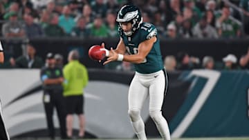 Sep 16, 2024; Philadelphia, Pennsylvania, USA; Philadelphia Eagles punter Braden Mann (10) prepares to punt against the Atlanta Falcons at Lincoln Financial Field. Mandatory Credit: Eric Hartline-Imagn Images