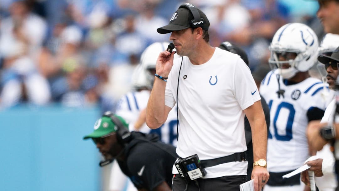 Sep 21, 2025; Nashville, Tennessee, USA;  Indianapolis Colts head coach Shane Steichen paces the sidelines against the Tennessee Titans during the first half at Nissan Stadium. Mandatory Credit: Steve Roberts-Imagn Images