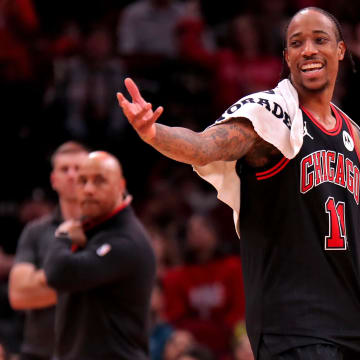 Mar 21, 2024; Houston, Texas, USA; Chicago Bulls forward DeMar DeRozan (11) walks off the court after being ejected after a flagrant foul on Houston Rockets guard Jalen Green (4, not shown) during the third quarter at Toyota Center. Mandatory Credit: Erik Williams-USA TODAY Sports