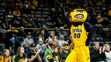 Herky the Hawk waves to people in the crowd during a NCAA women's basketball exhibition game against Truman State, Thursday, Nov. 4, 2021, at Carver-Hawkeye Arena in Iowa City, Iowa.

211104 Iowa Truman St Wbb Ex 026 Jpg