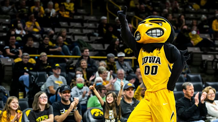 Herky the Hawk waves to people in the crowd during a NCAA women's basketball exhibition game against Truman State, Thursday, Nov. 4, 2021, at Carver-Hawkeye Arena in Iowa City, Iowa.

211104 Iowa Truman St Wbb Ex 026 Jpg