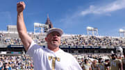 Oct 25, 2025; Atlanta, Georgia, USA; Georgia Tech Yellow Jackets head coach Brent Key celebrates after a victory over the Syracuse Orange at Bobby Dodd Stadium at Hyundai Field. Mandatory Credit: Brett Davis-Imagn Images
