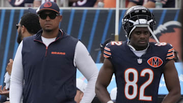 Chicago Bears general manager Ryan Poles on the sidelines during the second half against the Miami Dolphins at Soldier Field.