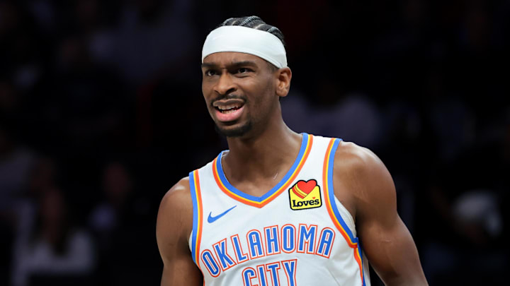 Jan 17, 2026; Miami, Florida, USA; Oklahoma City Thunder guard Shai Gilgeous-Alexander (2) reacts against the Miami Heat during the first quarter at Kaseya Center. Mandatory Credit: Sam Navarro-Imagn Images