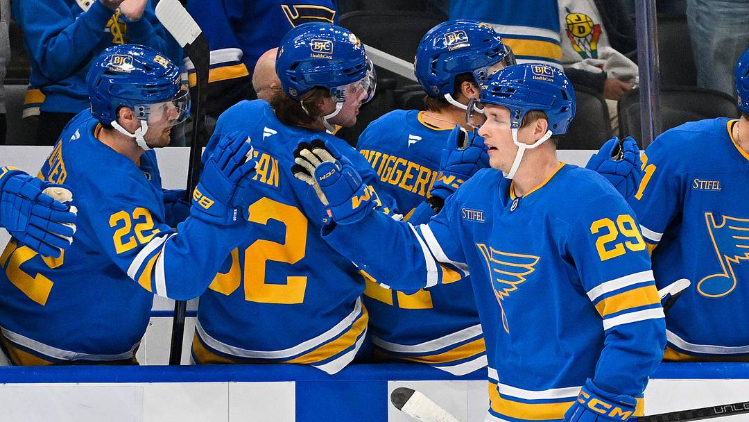 Oct 10, 2026; St. Louis, Missouri, USA; St. Louis Blues right wing Jonatan Berggren (29) celebrates with teammates after scoring a goal against the Columbus Blue Jackets during the third period at Enterprise Center. Mandatory Credit: Jeff Curry-Imagn Images