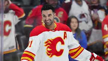 Mar 31, 2025; Denver, Colorado, USA; Calgary Flames center Nazem Kadri (91) before the game against the Colorado Avalanche at Ball Arena. Mandatory Credit: Ron Chenoy-Imagn Images