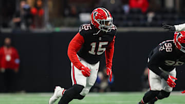 Dec 22, 2024; Atlanta, Georgia, USA; Atlanta Falcons linebacker Matthew Judon (15) rushes the passer against the New York Giants in the fourth quarter at Mercedes-Benz Stadium. Mandatory Credit: Brett Davis-Imagn Images
