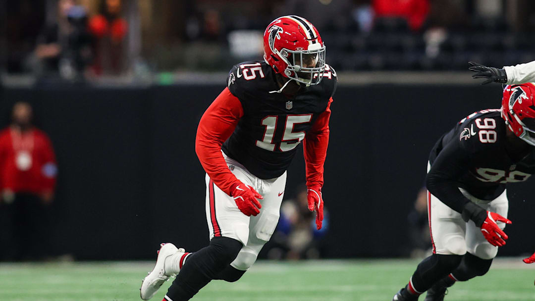 Dec 22, 2024; Atlanta, Georgia, USA; Atlanta Falcons linebacker Matthew Judon (15) rushes the passer against the New York Giants in the fourth quarter at Mercedes-Benz Stadium. Mandatory Credit: Brett Davis-Imagn Images
