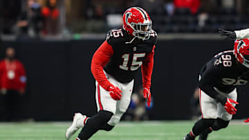 Dec 22, 2024; Atlanta, Georgia, USA; Atlanta Falcons linebacker Matthew Judon (15) rushes the passer against the New York Giants in the fourth quarter at Mercedes-Benz Stadium. Mandatory Credit: Brett Davis-Imagn Images
