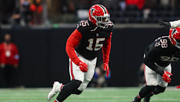 Dec 22, 2024; Atlanta, Georgia, USA; Atlanta Falcons linebacker Matthew Judon (15) rushes the passer against the New York Giants in the fourth quarter at Mercedes-Benz Stadium.
