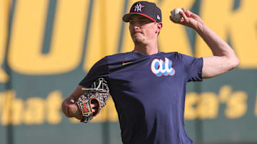Jul 14, 2025; Atlanta, GA, USA; American League pitcher Max Fried (54) of the New York Yankees throws during workouts before the 2025 MLB All Star Game at Truist Park. Mandatory Credit: Brett Davis-Imagn Images