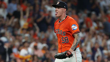 Oct 2, 2024; Houston, Texas, USA; Houston Astros pitcher Hunter Brown (58) reacts after striking out Detroit Tigers catcher Jake Rogers (not pictured) to end the top of the fifth inning of game two of the Wildcard round for the 2024 MLB Playoffs at Minute Maid Park. Mandatory Credit: Thomas Shea-Imagn Images