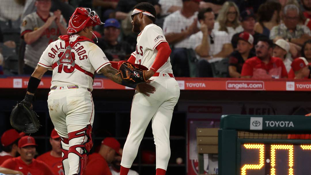 Aug 13, 2026; Anaheim, California, USA; Los Angeles Angels pitcher Walbert Urena (57) is greeted by catcher Moises Ballesteros (13) at end of the sixth inning against the Texas Rangers at Angel Stadium. Mandatory Credit: Kiyoshi Mio-Imagn Images Aug 13, 2026; Anaheim, California, USA; Los Angeles Angels pitcher Walbert Urena (57) is greeted by catcher Moises Ballesteros (13) at end of the sixth inning against the Texas Rangers at Angel Stadium. Mandatory Credit: Kiyoshi Mio-Imagn Images