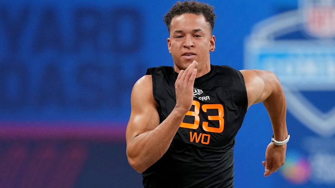San Jose State wideout Nick Nash (WO33) during the 2025 NFL Combine at Lucas Oil Stadium.