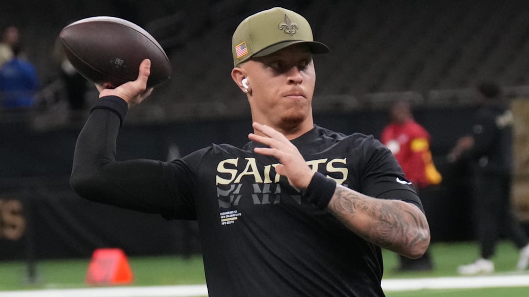 Oct 26, 2025; New Orleans, Louisiana, USA; New Orleans Saints quarterback Spencer Rattler (2) warms up before a game against the Tampa Bay Buccaneers at Caesars Superdome. Mandatory Credit: Matthew Hinton-Imagn Images