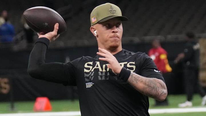 Oct 26, 2025; New Orleans, Louisiana, USA; New Orleans Saints quarterback Spencer Rattler (2) warms up before a game against the Tampa Bay Buccaneers at Caesars Superdome. Mandatory Credit: Matthew Hinton-Imagn Images