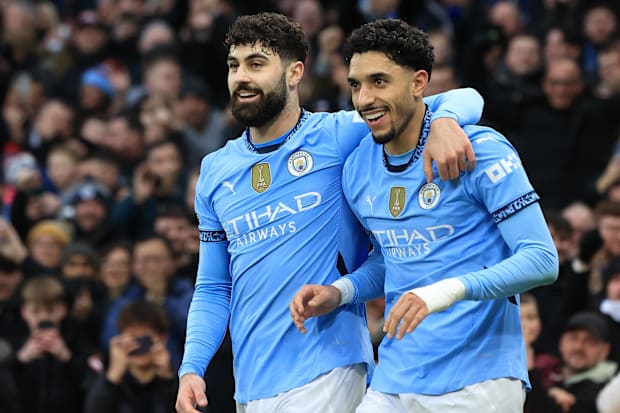 Man City players Omar Marmoush and Josko Gvardiol celebrate against Newcastle.