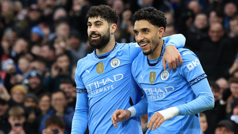 Man City players Omar Marmoush and Josko Gvardiol celebrate against Newcastle.