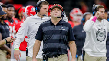 Jan 1, 2019; New Orleans, LA, USA; Georgia Bulldogs head coach Kirby Smart looks up at the scoreboard against Texas Longhorns in the second quarter in the 2019 Sugar Bowl at Mercedes-Benz Superdome. Mandatory Credit: Stephen Lew-Imagn Images
