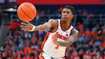 Dec 28, 2024; Syracuse, New York, USA; Syracuse Orange forward Donnie Freeman (1) passes during the first half against the Bucknell Bison at the JMA Wireless Dome. Mandatory Credit: Rich Barnes-Imagn Images