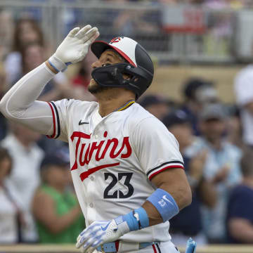 Minnesota Twins third baseman Royce Lewis (23) celebrates hitting a solo home run against the Tampa Bay Rays in the fifth inning at Target Field in Minneapolis on June 19, 2024. 