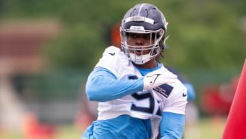 Tennessee Titans seventh-round draft pick Jaylen Harrell (92) participates in rookie minicamp at Ascension Saint Thomas Sports Park in Nashville, Tenn., Friday, May 10, 2024.