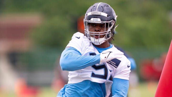 Tennessee Titans seventh-round draft pick Jaylen Harrell (92) participates in rookie minicamp at Ascension Saint Thomas Sports Park in Nashville, Tenn., Friday, May 10, 2024.