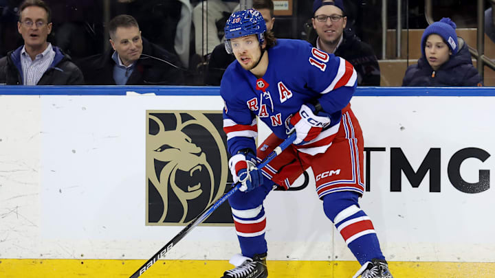 Dec 9, 2024; New York, New York, USA; New York Rangers left wing Artemi Panarin (10) controls the puck against the Chicago Blackhawks during the third period at Madison Square Garden. Mandatory Credit: Brad Penner-Imagn Images