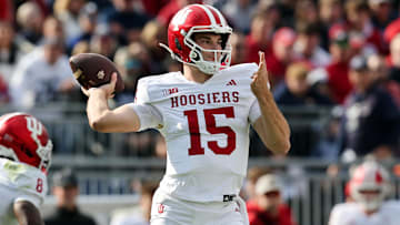 Nov 8, 2025; University Park, Pennsylvania, USA; Indiana Hoosiers quarterback Fernando Mendoza (15) throws a pass during the first quarter against the Penn State Nittany Lions at Beaver Stadium. Mandatory Credit: Matthew O'Haren-Imagn Images