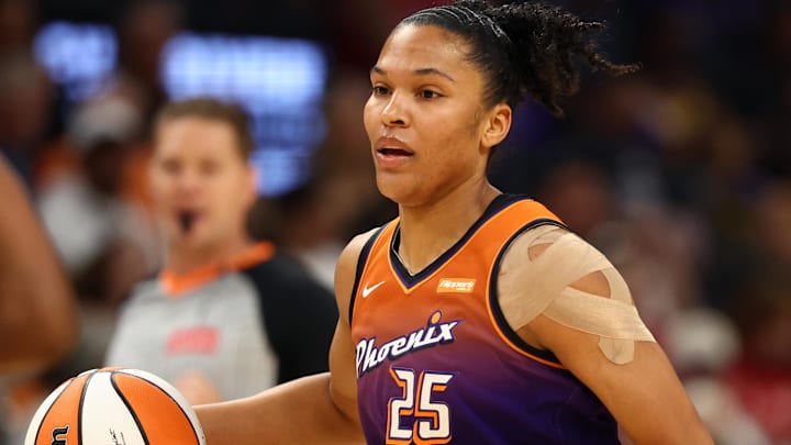 Aug 7, 2025; Phoenix, Arizona, USA; Phoenix Mercury forward Alyssa Thomas (25) against the Indiana Fever during WNBA game at PHX Arena. Mandatory Credit: Mark J. Rebilas-Imagn Images