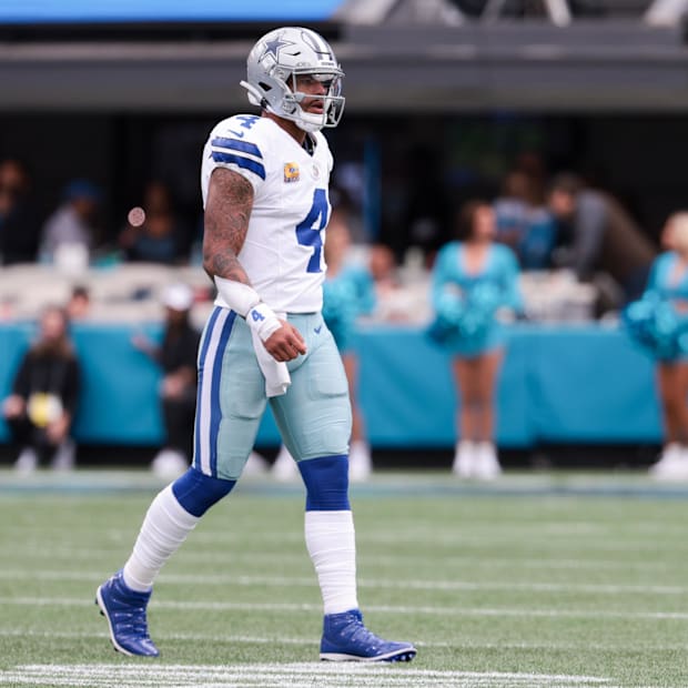 Dallas Cowboys quarterback Dak Prescott looks on against the Carolina Panthers at Bank of America Stadium. 