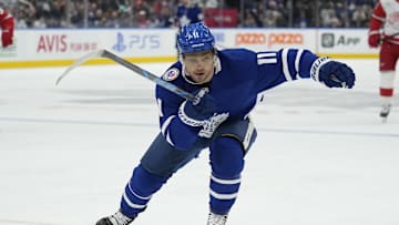Nov 8, 2024; Toronto, Ontario, CAN; Toronto Maple Leafs forward Max Domi (11) skates against the Detroit Red Wings during the first period at Scotiabank Arena. Mandatory Credit: John E. Sokolowski-Imagn Images