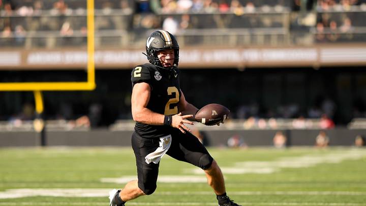 Oct 5, 2024; Nashville, Tennessee, USA;  Vanderbilt Commodores quarterback Diego Pavia (2) runs the ball against the Alabama Crimson Tide during the first half at FirstBank Stadium. Mandatory Credit: Steve Roberts-Imagn Images